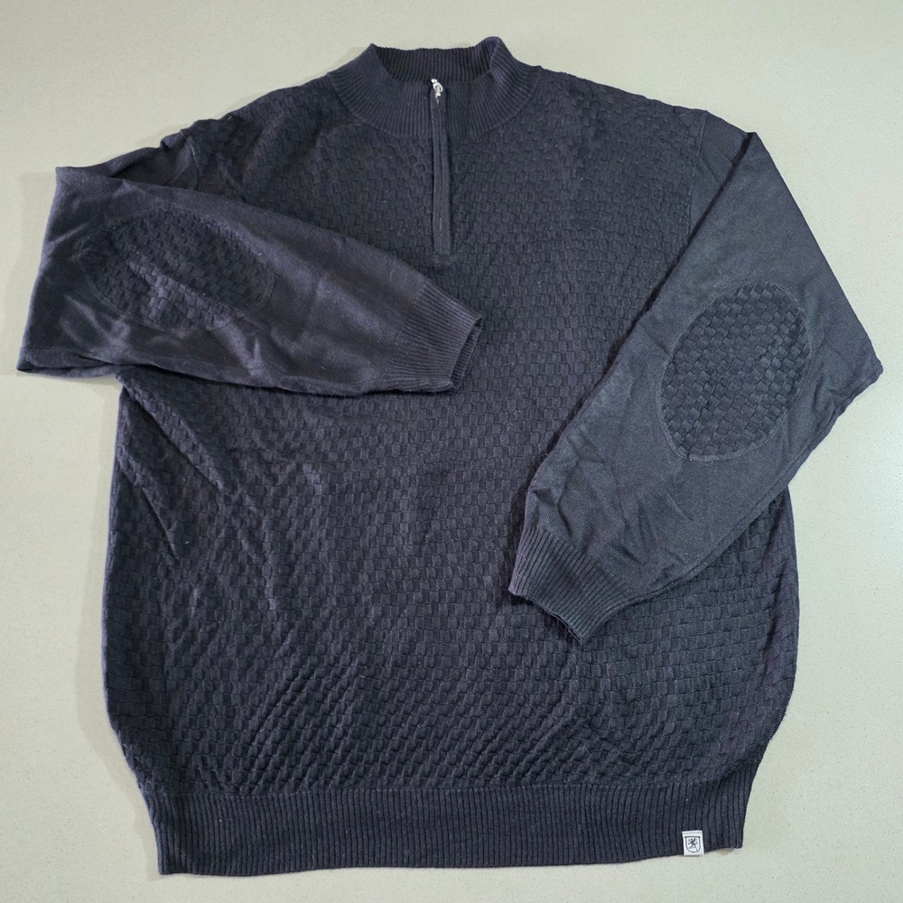 Stacy Adams Mens 3X Black Basketweave Quarter Zip Sweater Elbow Patches
